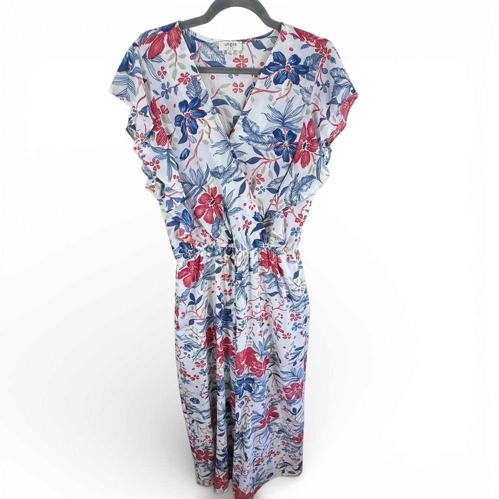 Umgee Tropical Hawaiian Floral Jumpsuit Red Blue White Ruffled Straight Leg L